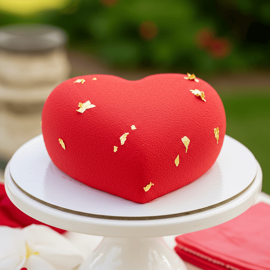 Heart-shaped chocolate cake topped with glossy ganache and red heart sprinkles.