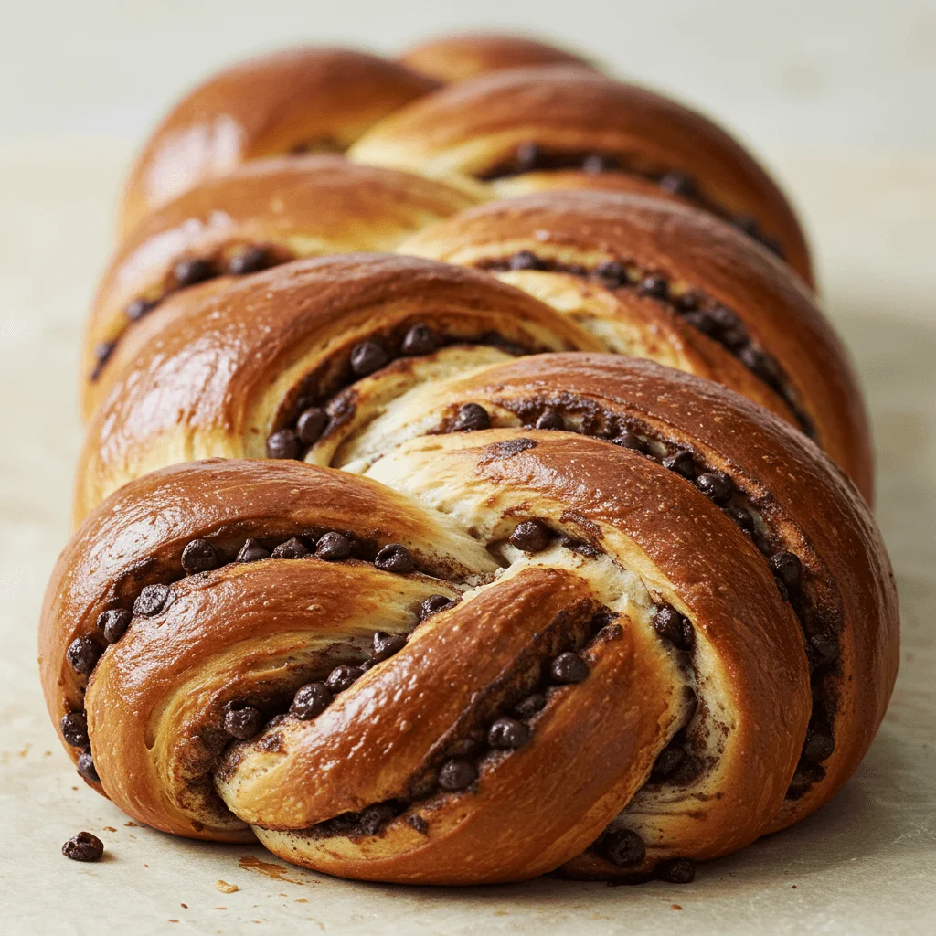 Golden braided chocolate chip brioche loaf cooling on a wire rack.