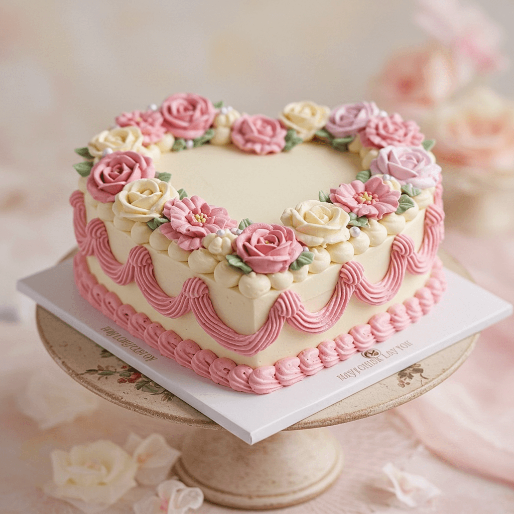 Layered heart-shaped red velvet cake with cream cheese frosting and fresh strawberries.