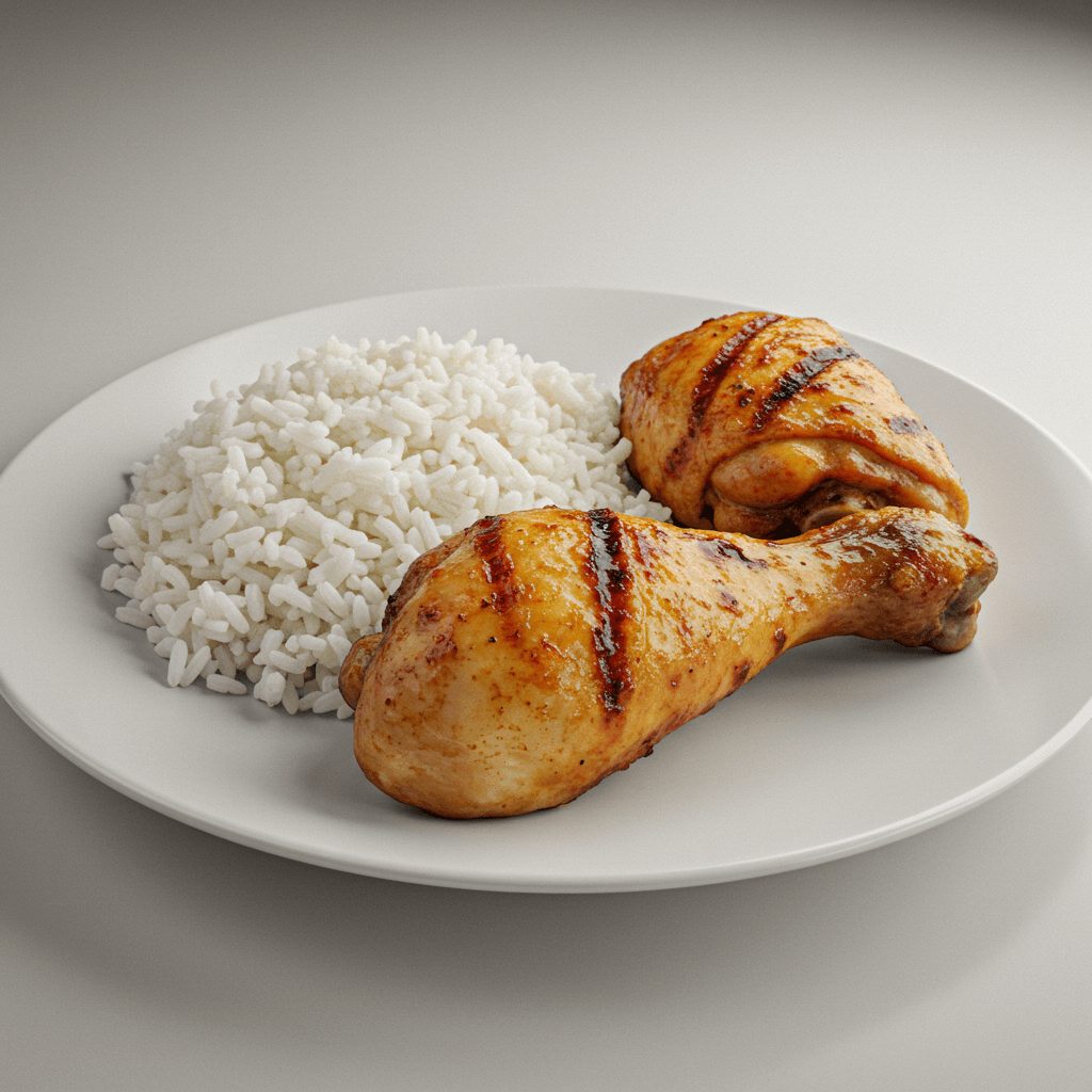 Golden-brown chicken legs on a bed of perfectly cooked rice, seasoned and garnished with parsley.