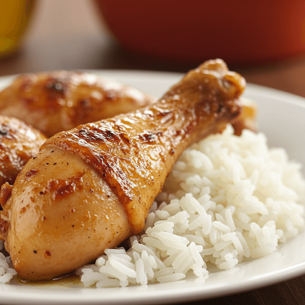 A plate of chicken legs and rice served with carrots and herbs, offering a balanced and delicious dinner option.