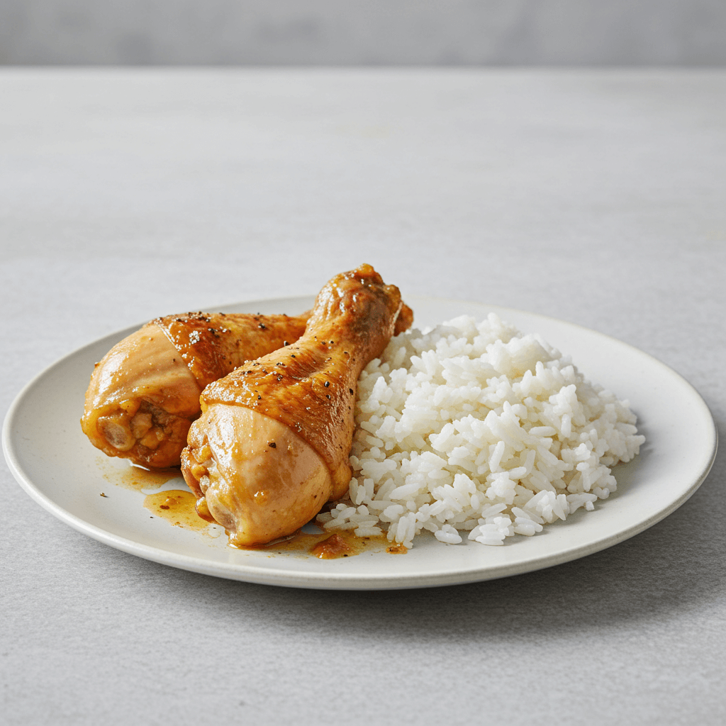 Chicken legs and rice cooked together in a skillet, topped with fresh herbs for a classic one-pot meal.