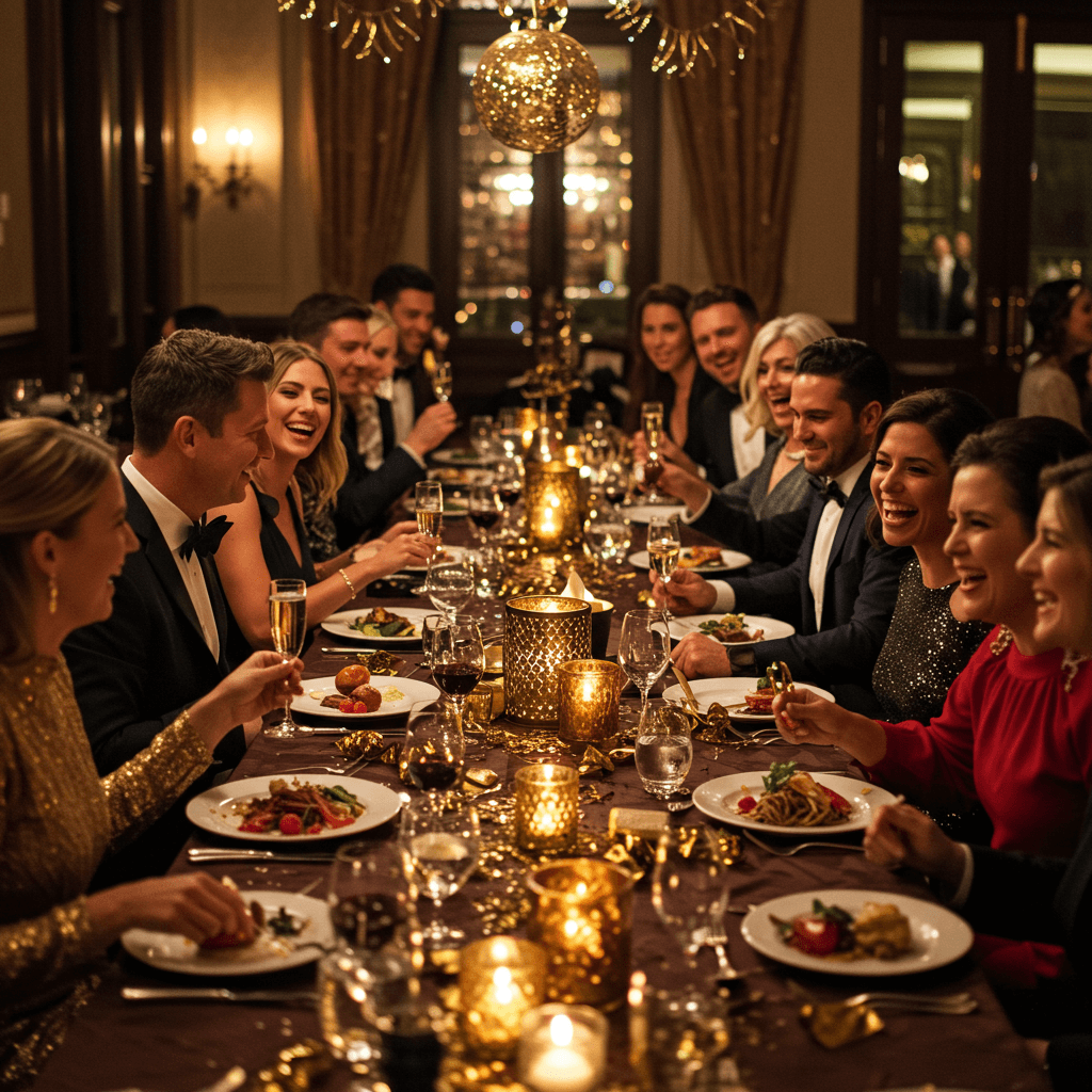 A beautifully set New Year’s Eve dinner table with festive decorations, elegant dishes, and sparkling drinks.