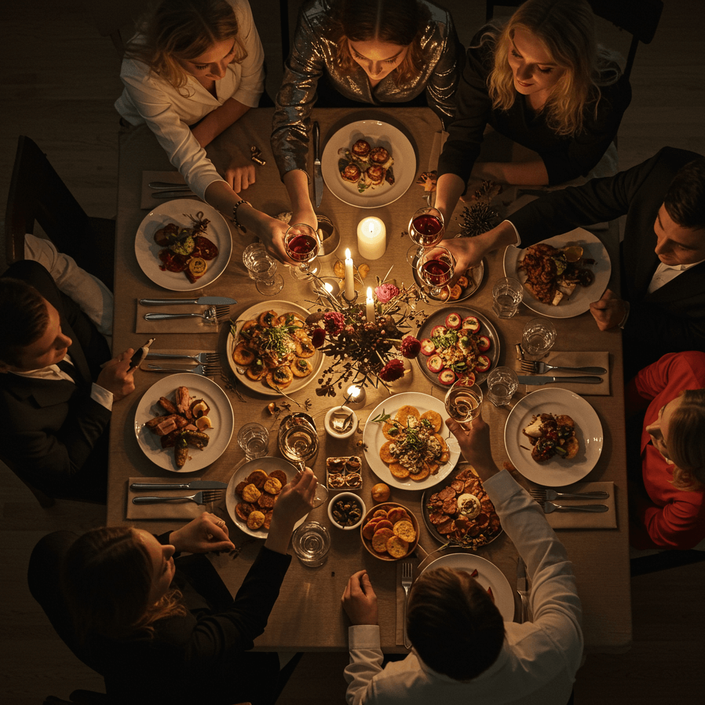 New Year’s Eve celebration with guests raising glasses at a dinner table filled with festive food and drinks.