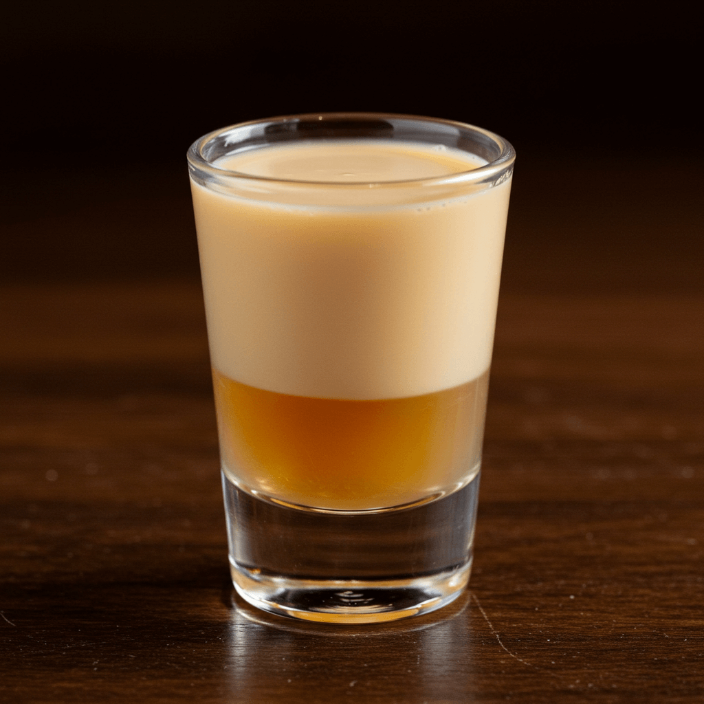 Buttery Nipple cocktail in a glass with a creamy top layer of Irish cream and a golden bottom layer of butterscotch schnapps.