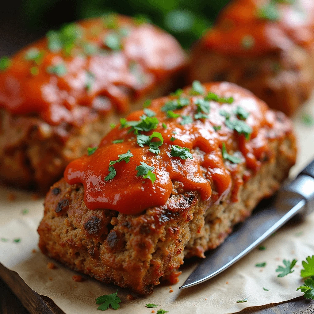 A classic meatloaf slice topped with ketchup glaze, served with mashed potatoes and green beans.