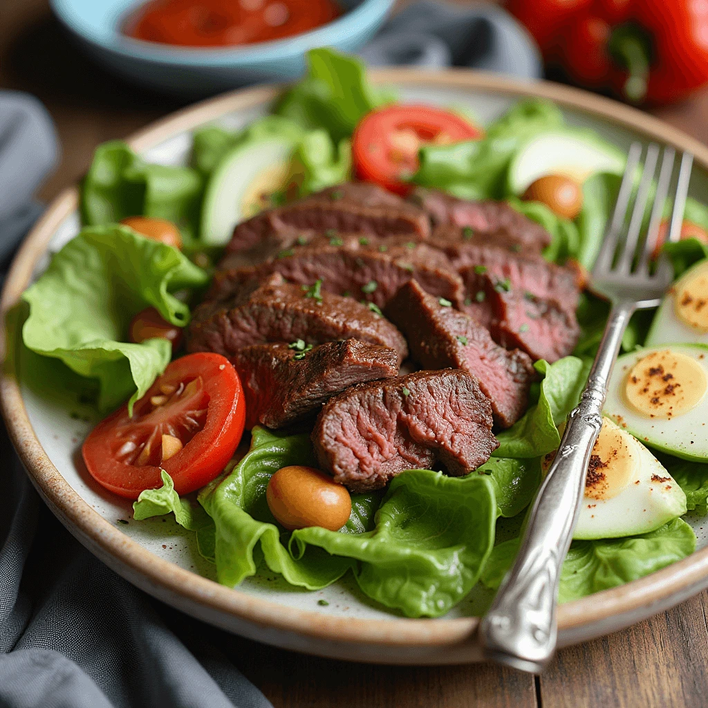 Delicious steak salad with fresh vegetables, avocado, and dressing served in a bowl.