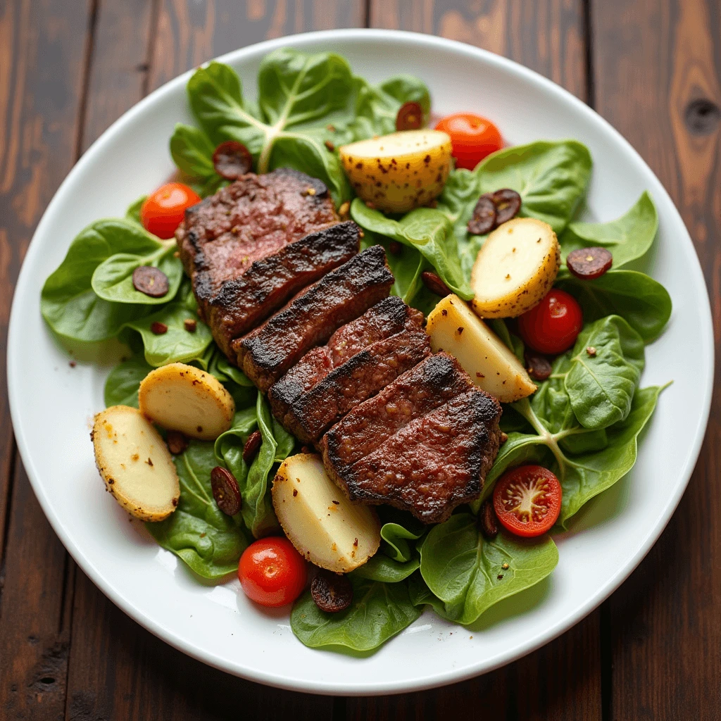 Grilled steak salad with arugula, cherry tomatoes, and a tangy vinaigrette dressing.