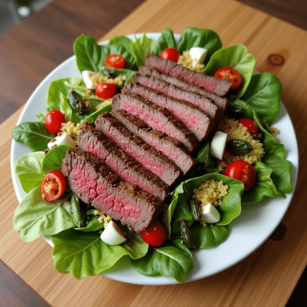 Steak salad with avocado, feta, and a balsamic glaze on top.