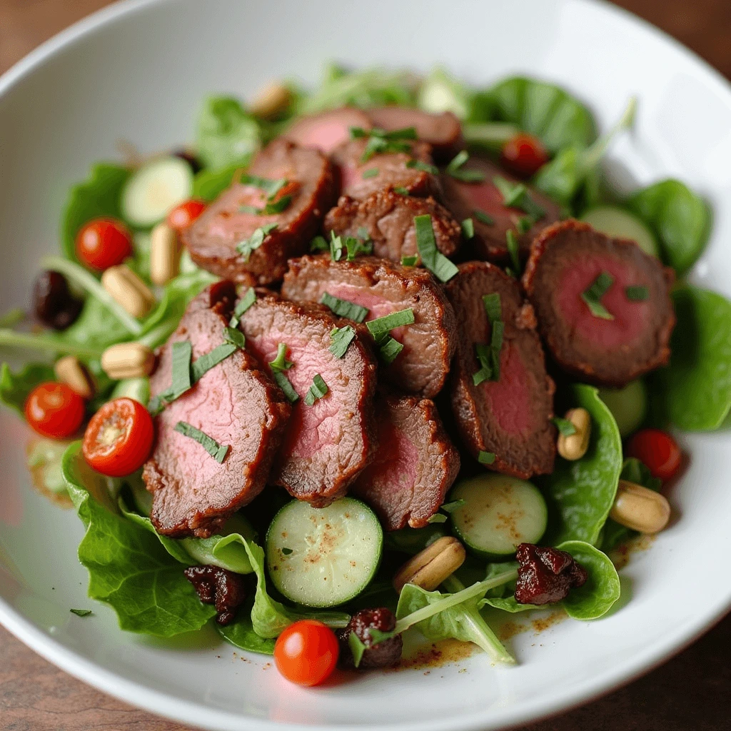 Healthy low-carb steak salad with spinach, Parmesan cheese, and grilled steak strips.