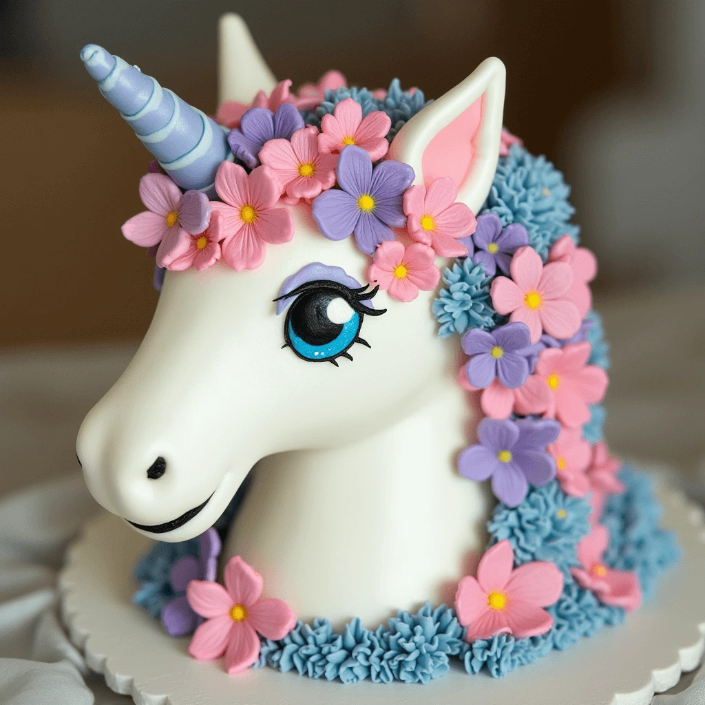 A beautifully designed unicorn cake shaped like a unicorn's head, decorated with pastel pink and purple flowers, a blue swirled horn, and expressive blue eyes.