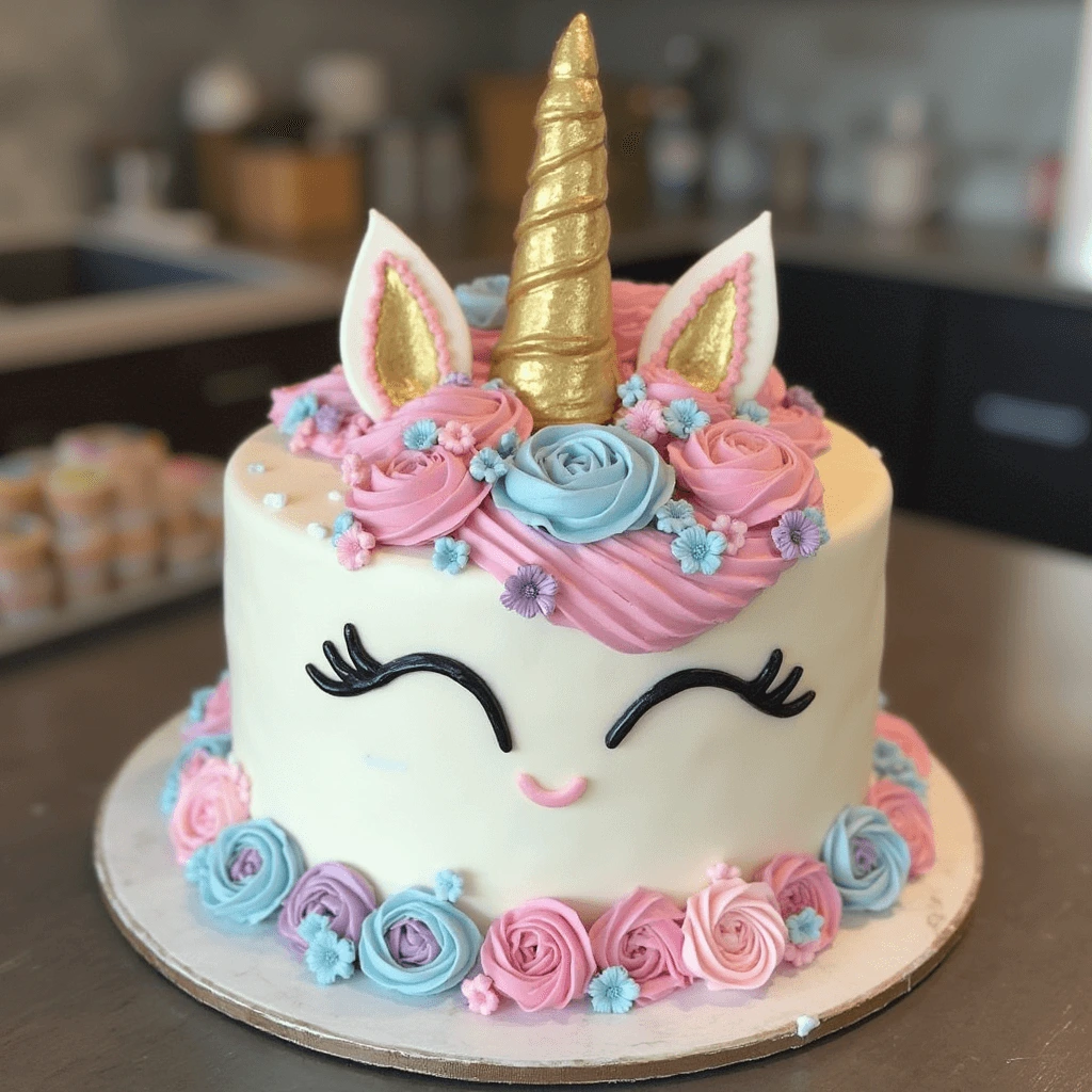 Colorful unicorn cake with rainbow layers, a horn, and sparkling decorations.