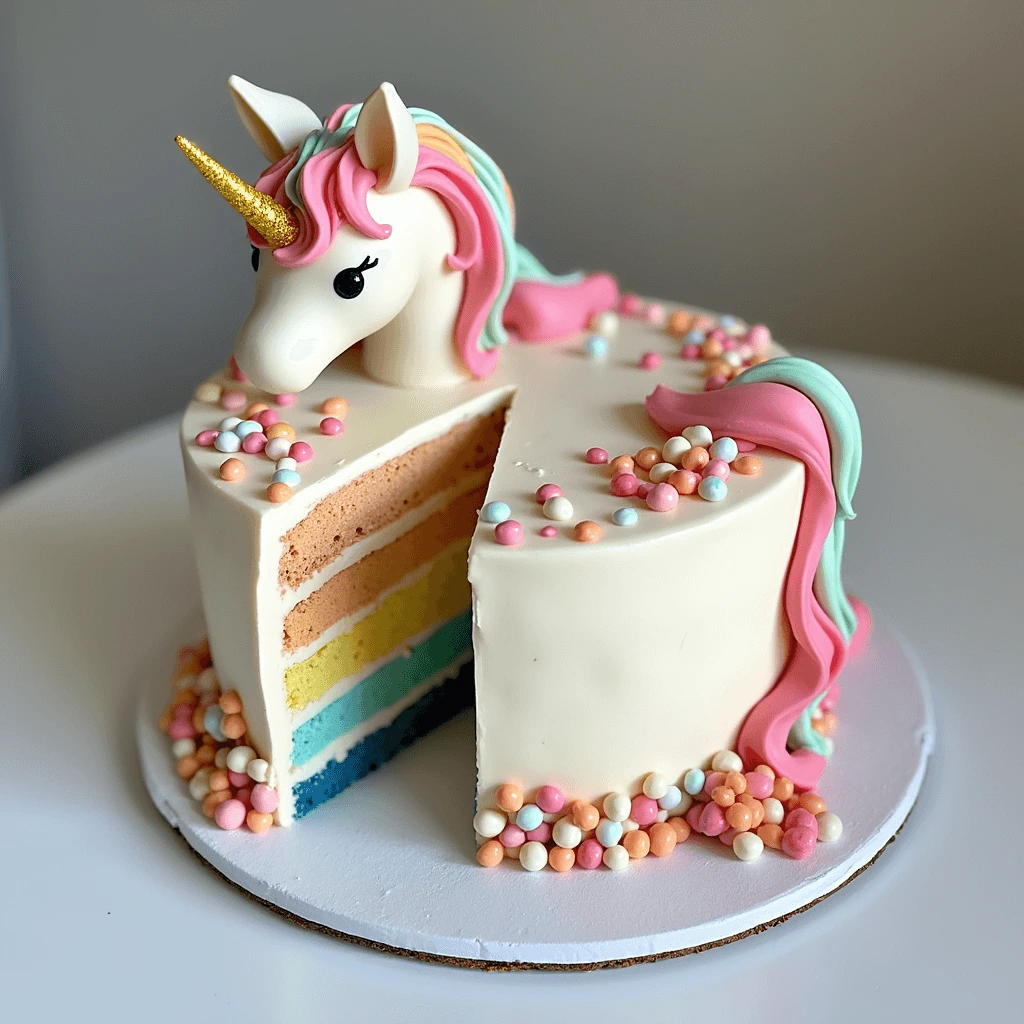 A round unicorn-themed cake with a golden horn, pastel pink and blue frosting flowers, and closed smiling eyes with long eyelashes.