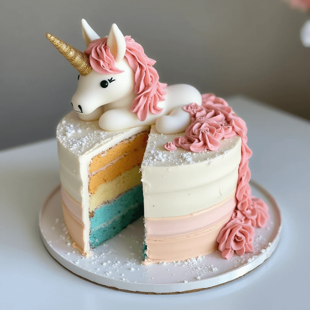 A whimsical unicorn cake decorated with a golden horn, pastel frosting swirls, and floral accents, designed with closed eyes and a smiling face.