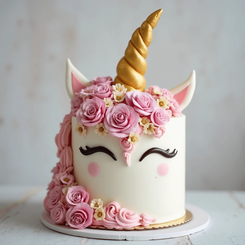 A unicorn-themed cake with a golden horn, pink frosting roses, white daisies, and closed eyes with black eyelashes.