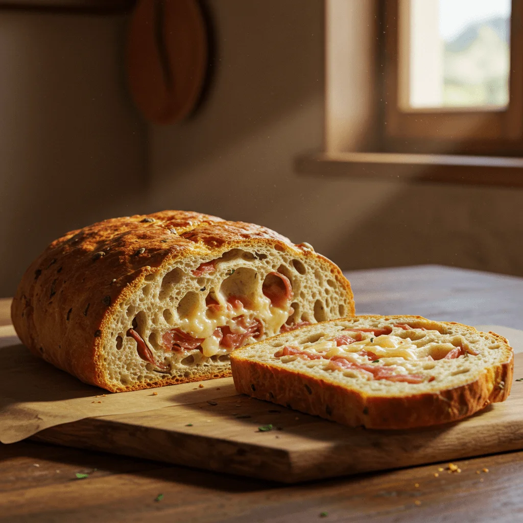 Freshly baked prosciutto bread with a golden crust and soft, airy interior filled with prosciutto and herbs.