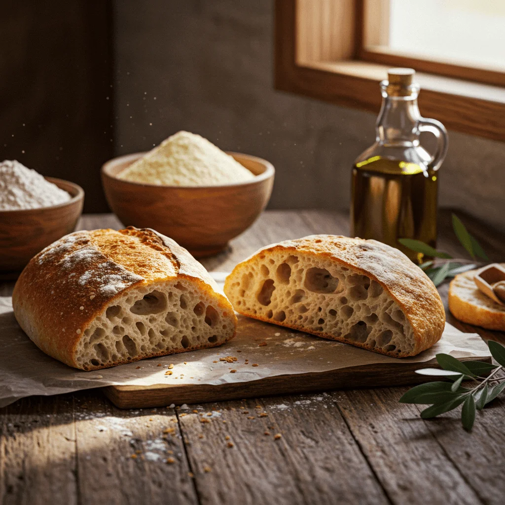 Authentic Pugliese bread with a golden, crispy crust and airy crumb, resting on a rustic wooden table.