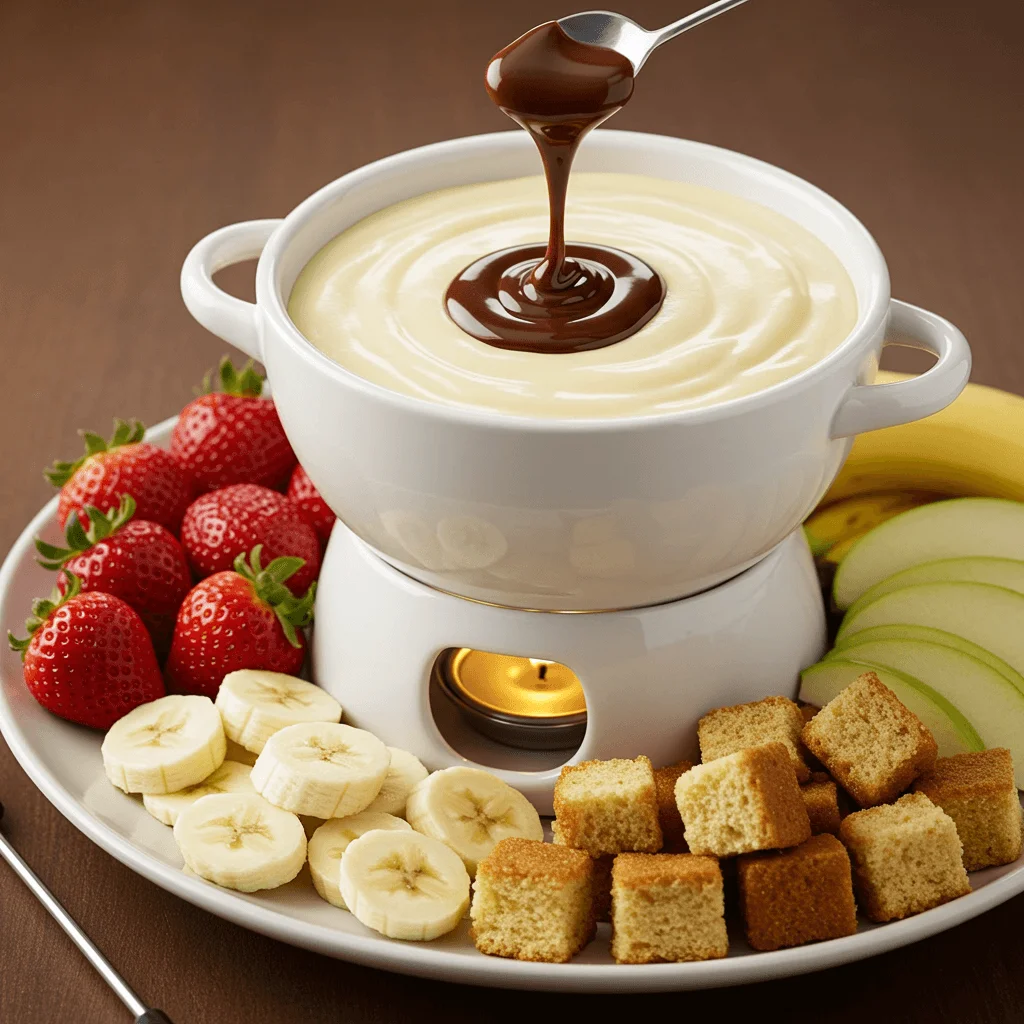 Decadent cheesecake fondue with fresh fruit and cake dippers.