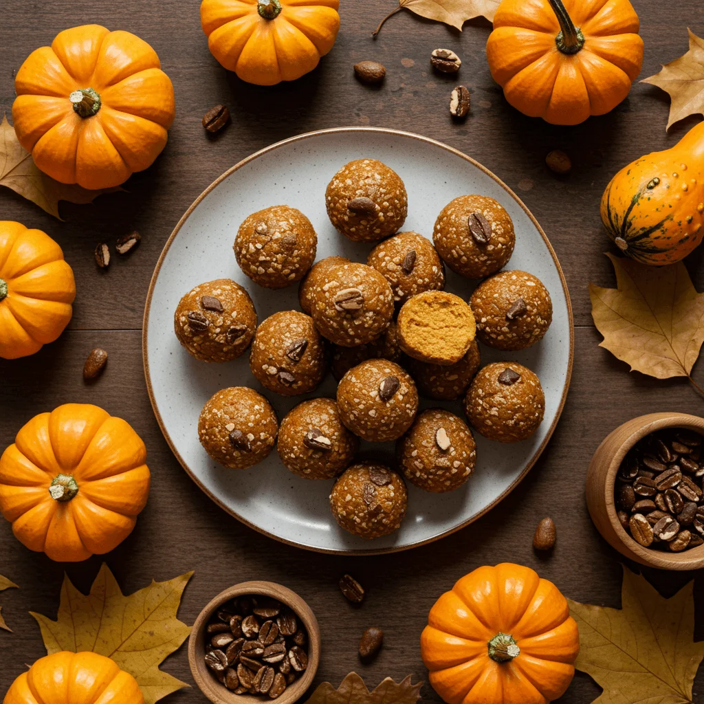 No bake pumpkin cheesecake balls arranged on a rustic plate, surrounded by autumn decor.