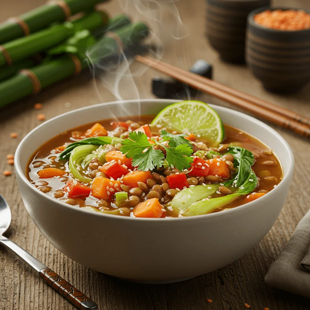 Asian lentil soup in a bowl with steam rising, garnished with fresh herbs and lime slices.