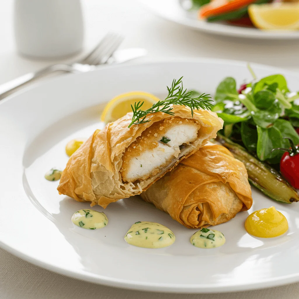 Golden crispy fish wrapped in filo pastry, garnished with fresh herbs and lemon wedges, served with a vibrant salad and roasted vegetables.