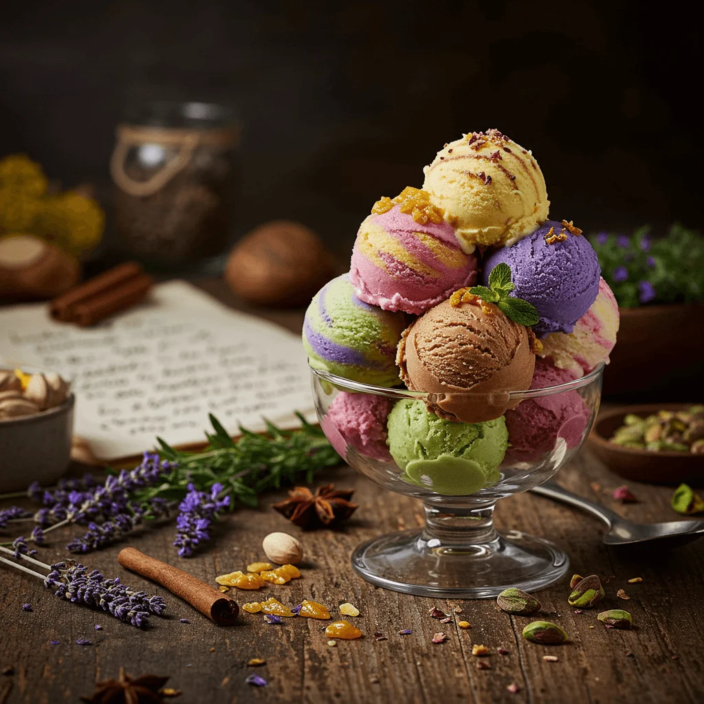 A scoop of creamy, artisanal Journeyman ice cream in a cone, showcasing unique and vibrant flavors like honey lavender and pistachio rosewater.