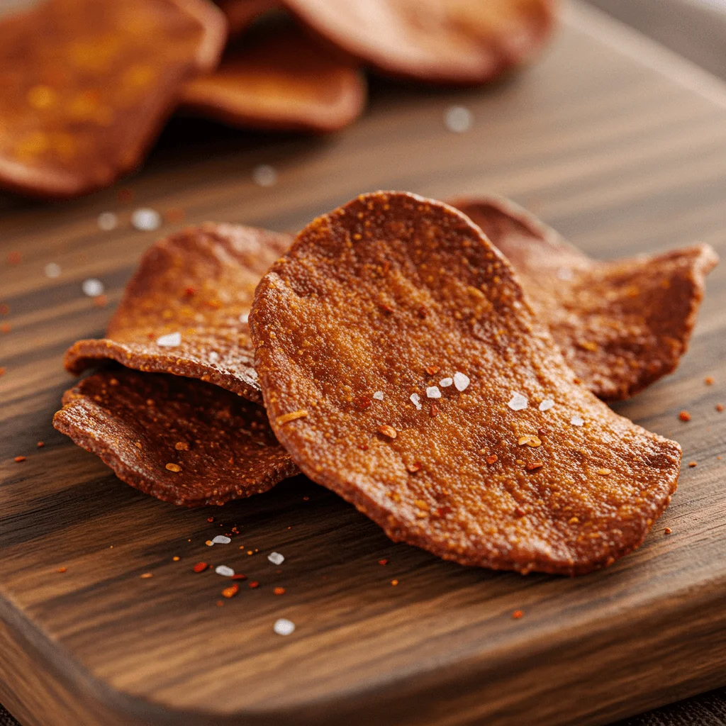 Crispy beef chips served on a platter, showcasing their crispy texture and golden color.