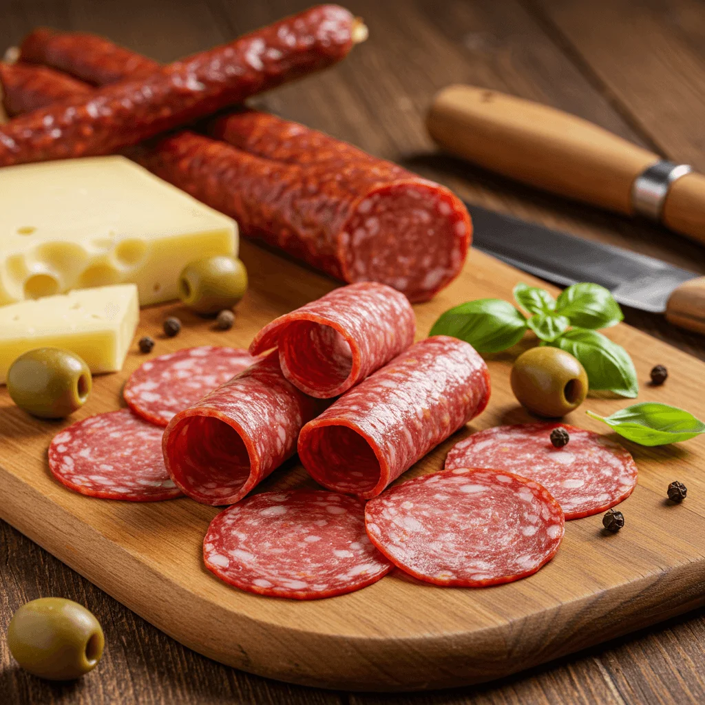 Sliced beef pepperoni arranged on a wooden board, ready to be used in various recipes.