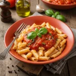 Creamy ditalini pasta dish garnished with fresh basil and Parmesan cheese, served in a rustic Italian kitchen.