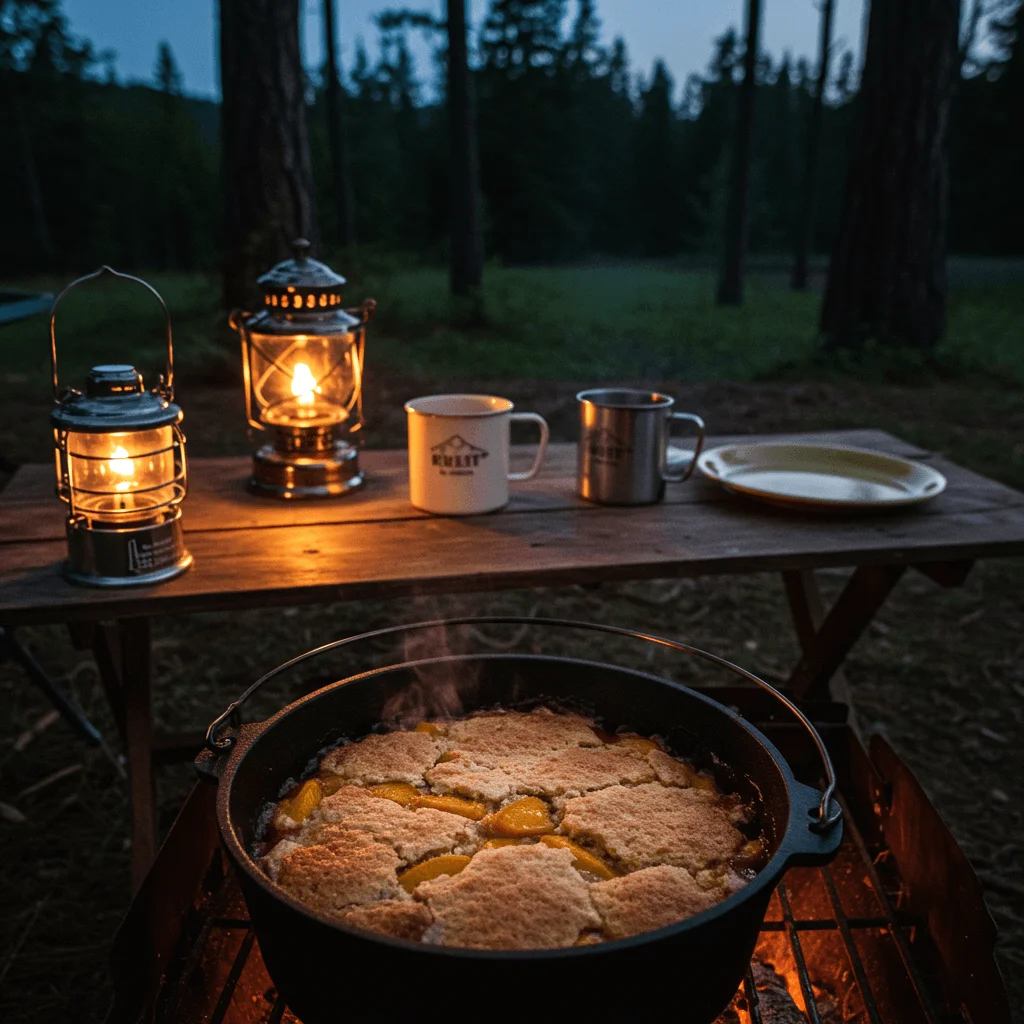 A cast-iron Dutch oven filled with a bubbling peach cobbler, resting over a campfire at a campsite, surrounded by nature.