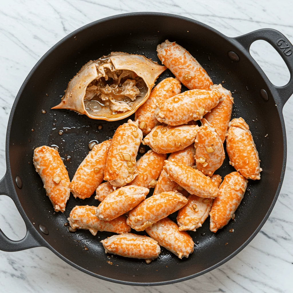 Freshly picked real crab meat on a wooden board, ready for use in seafood dishes.