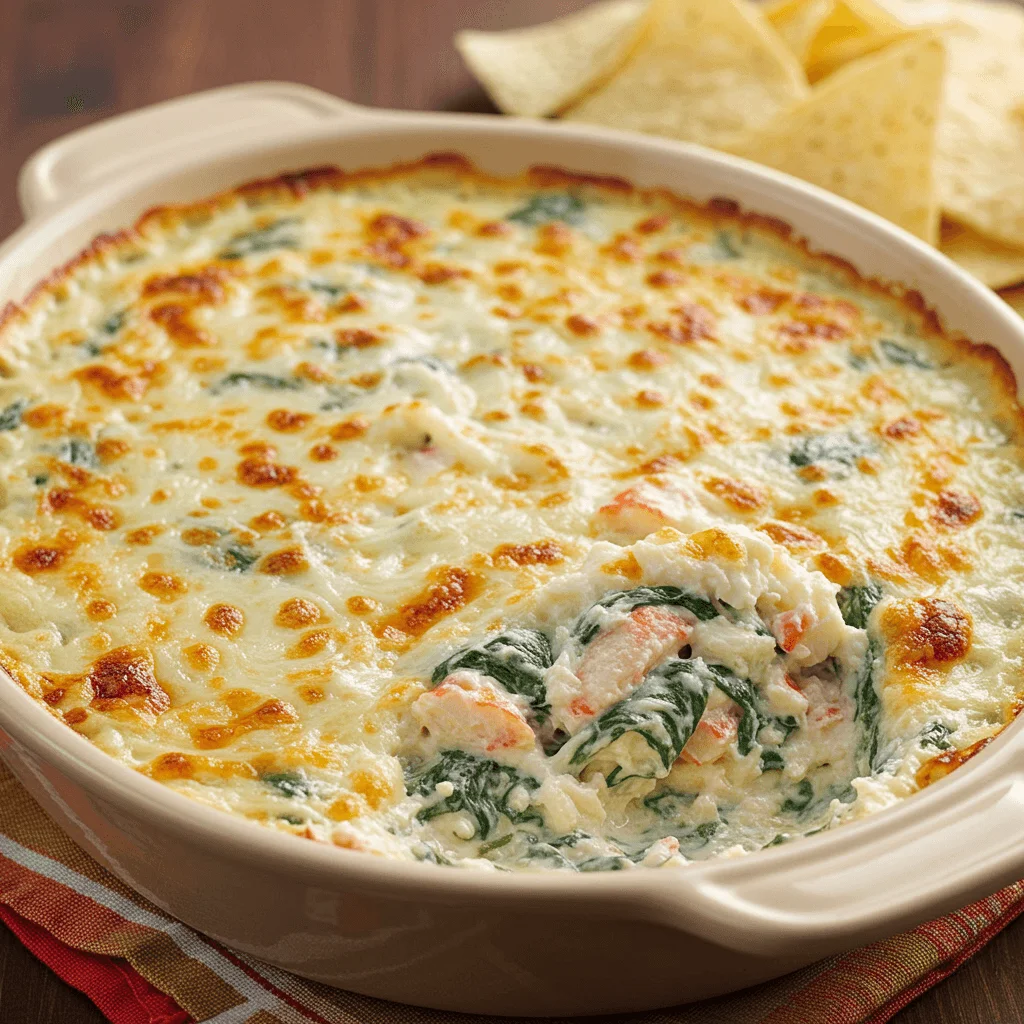 Close-up of creamy crab and spinach dip in a baking dish, topped with melted cheese and served with crackers and bread.