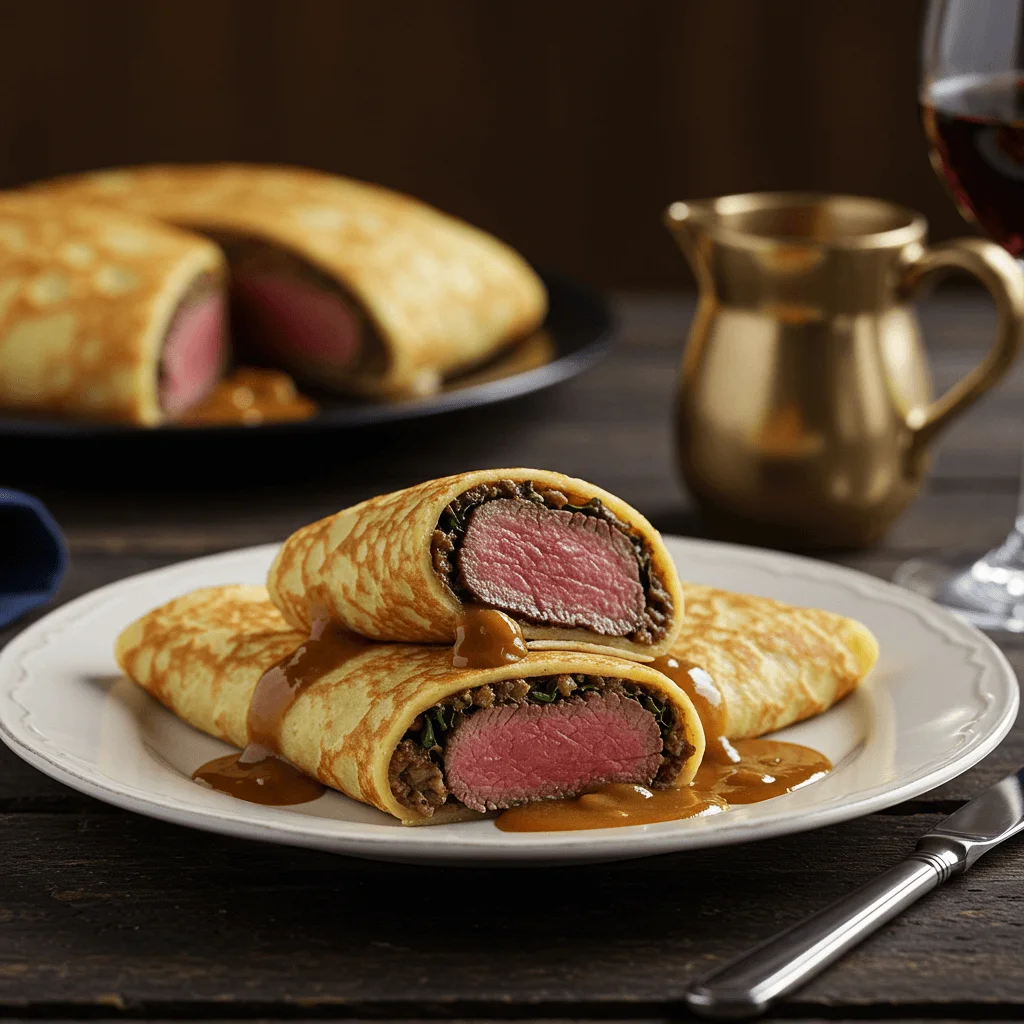 Close-up of a Beef Wellington Crepe cut in half, showing the layers of beef, mushrooms, and crisp puff pastry.