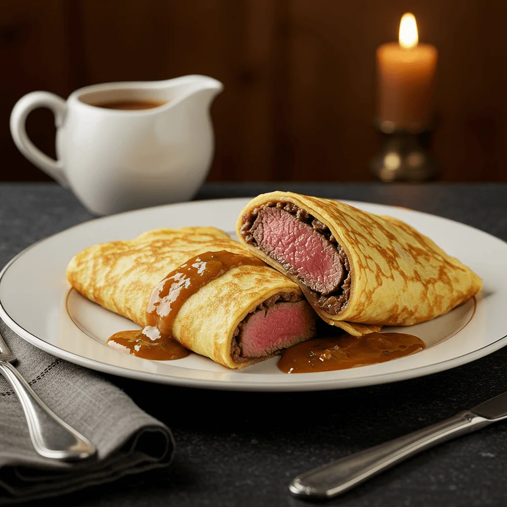 A plate of Beef Wellington Crepes garnished with fresh herbs and drizzled with a rich sauce.