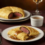 Delicious Beef Wellington Crepes served on a plate, filled with tender beef, mushroom duxelles, and wrapped in golden puff pastry.