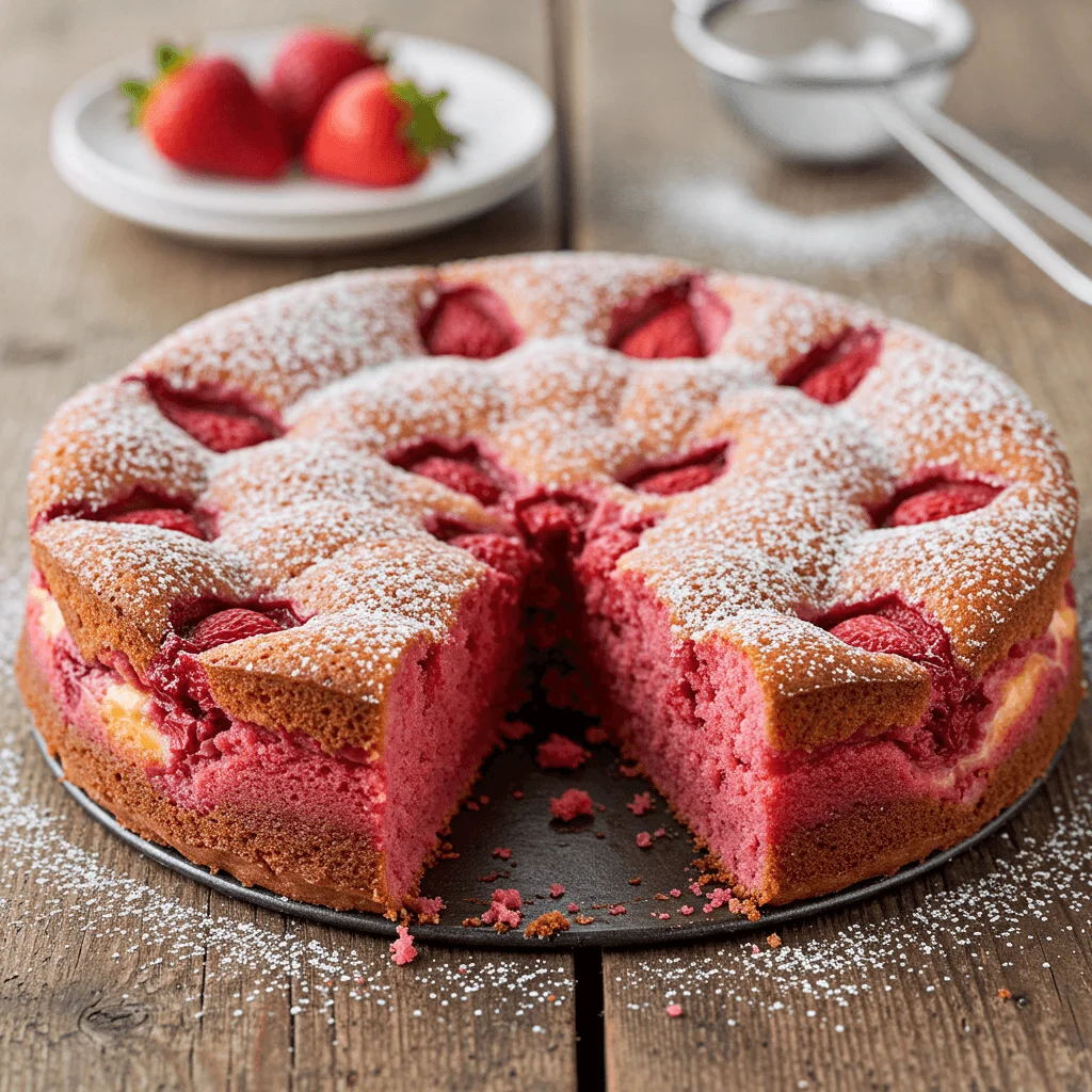 Top view of Strawberry Earthquake Cake with visible cracks and cream cheese swirls.