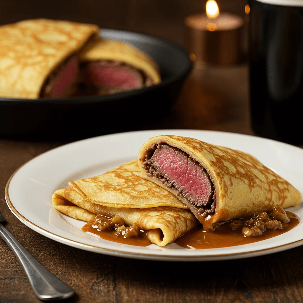 Beef Wellington Crepes sliced open, revealing tender beef, savory mushroom duxelles, and a golden, flaky crust.