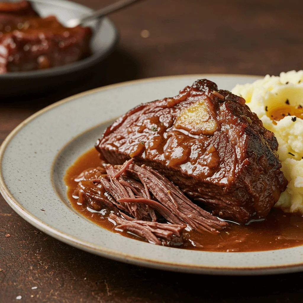 Sliced beef cheek meat served on a plate with vegetables.