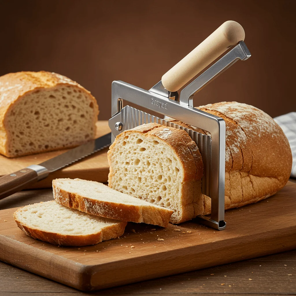 High-quality bread slicer with evenly sliced bread on a wooden cutting board.