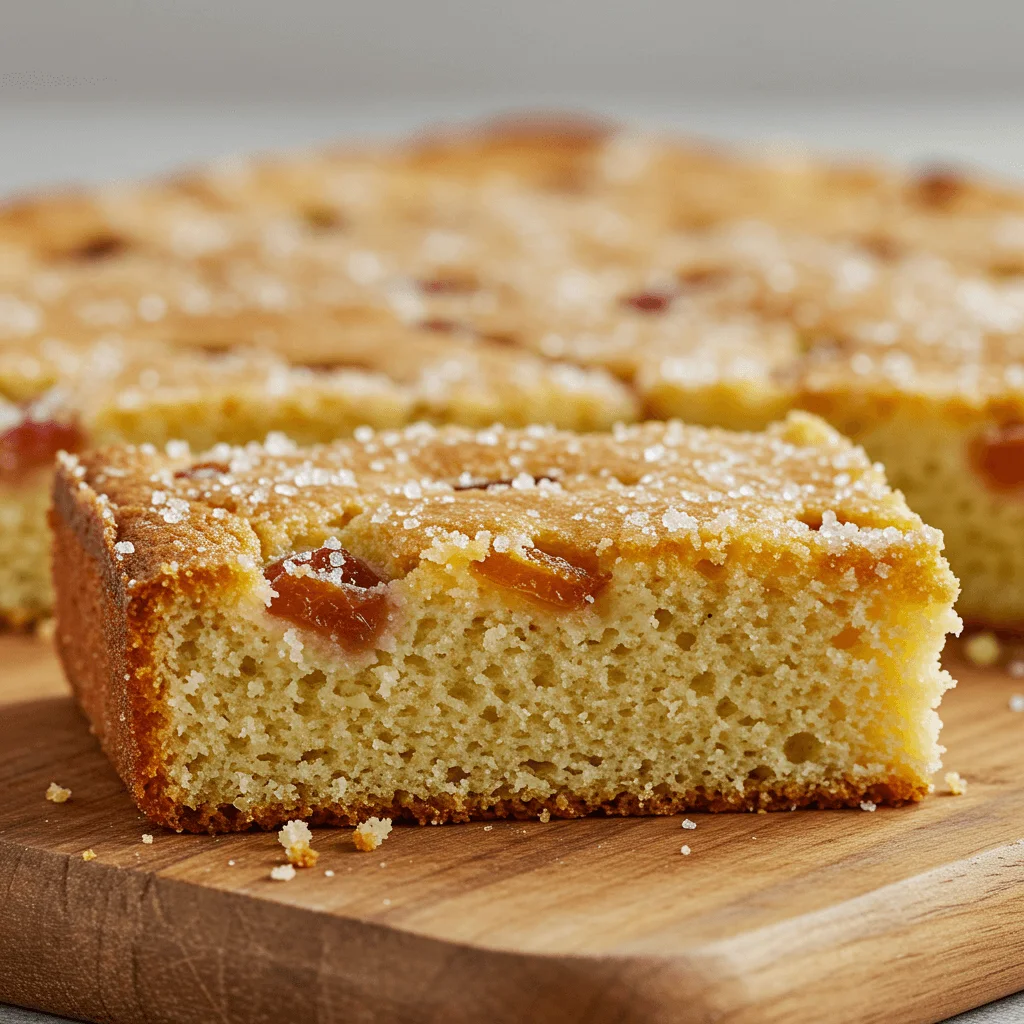 Freshly baked kefir sheet cake with a moist texture and powdered sugar topping.