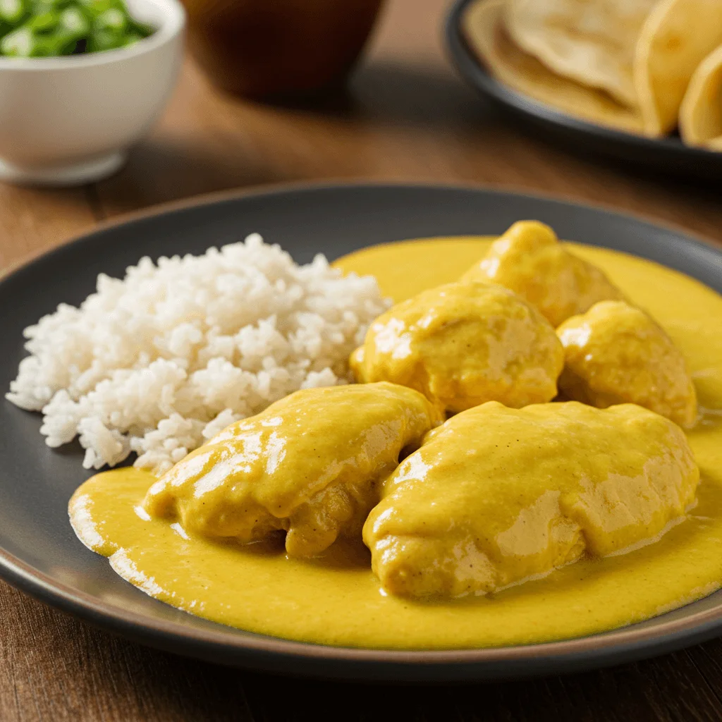 Delicious Churu Chicken Amarillo served with a vibrant yellow aji amarillo sauce and garnished with fresh herbs.