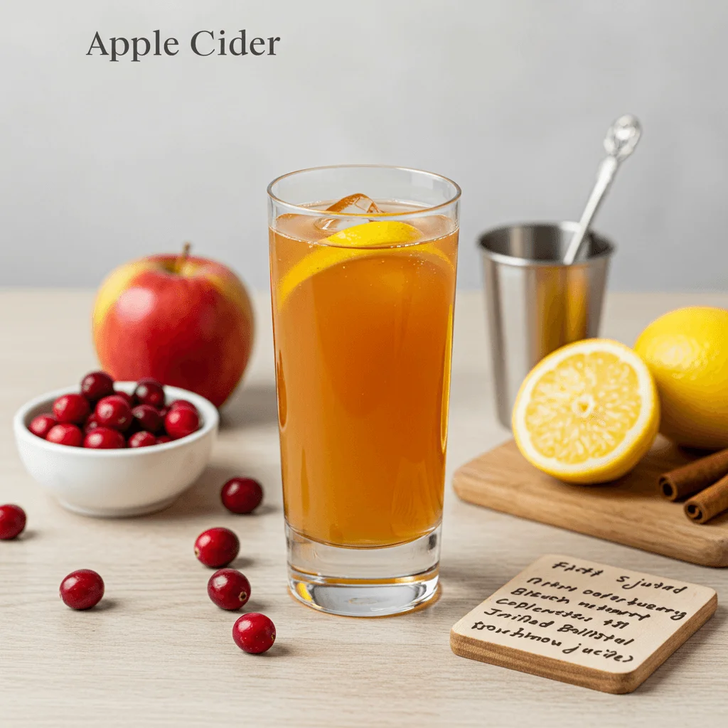 Refreshing apple cider mocktail served in a glass with cinnamon stick and apple slices for garnish.