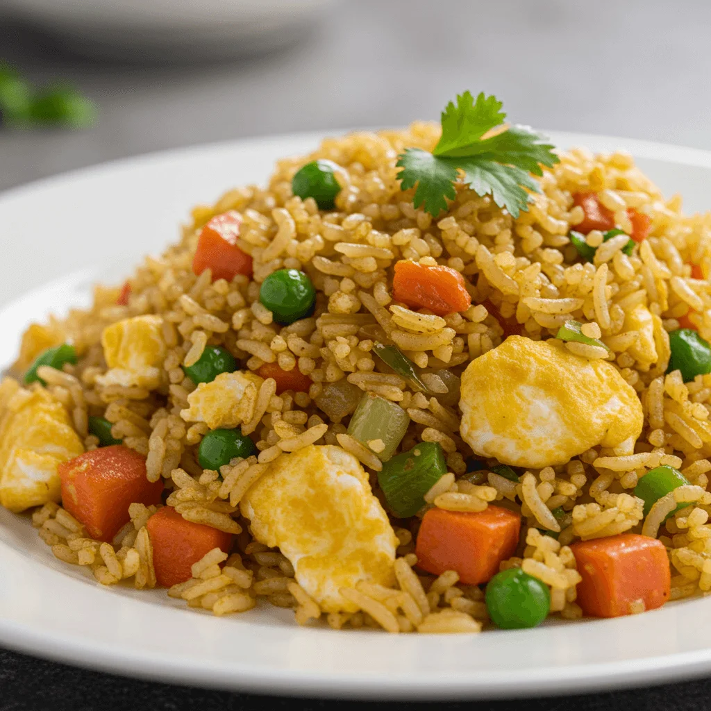 Anjappar Egg Fried Rice served in a bowl with vibrant vegetables and scrambled eggs, garnished with fresh herbs.