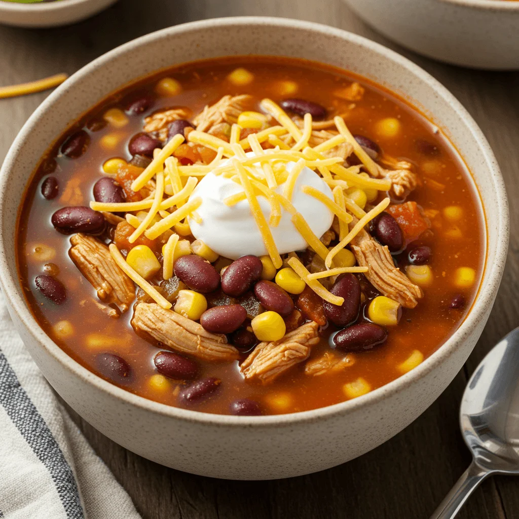 Healthy Spark Recipes Chicken Taco Soup with beans, chicken, and fresh toppings in a bowl.