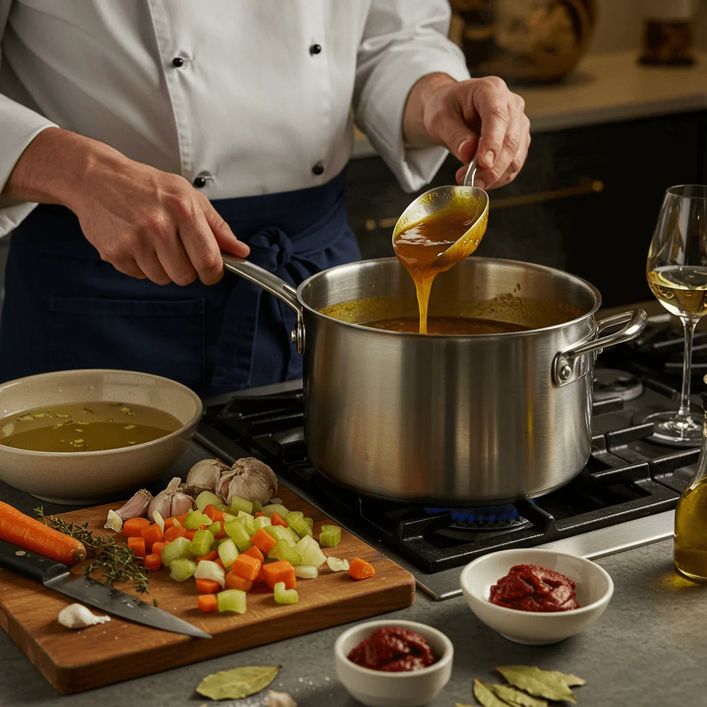 A chef carefully reducing stock into a rich golden demi-glace in a pot over low heat.