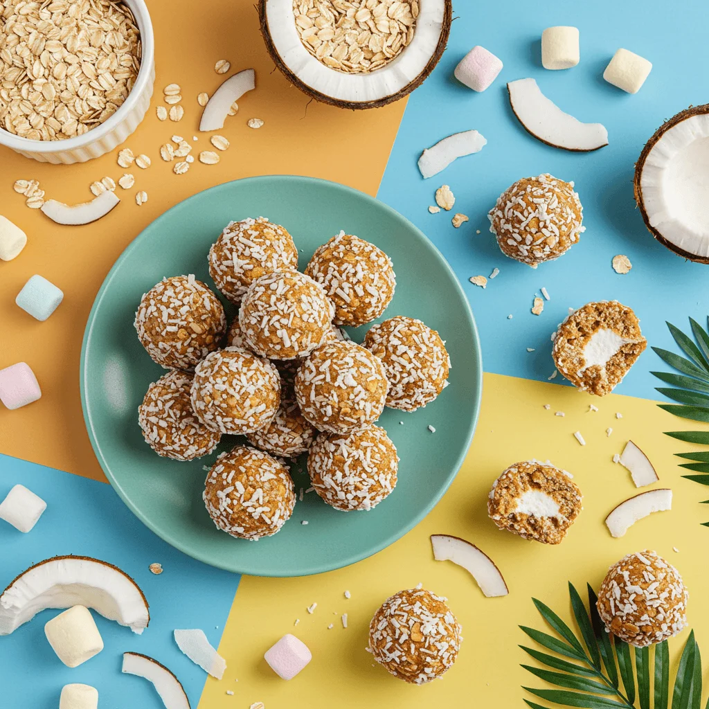 A colorful dessert plate with Moose Farts covered in coconut, surrounded by the ingredients used to make them.