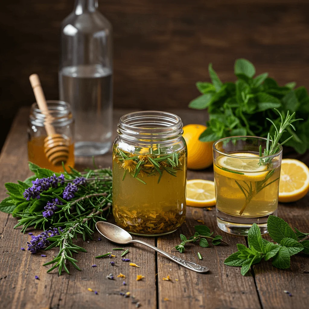 A glass jar filled with homemade herbal cordial, surrounded by fresh herbs, citrus slices, and a small spoon, set on a rustic wooden kitchen counter.