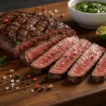 Perfectly grilled skirt steak sliced against the grain showing juicy medium-rare interior with charred exterior