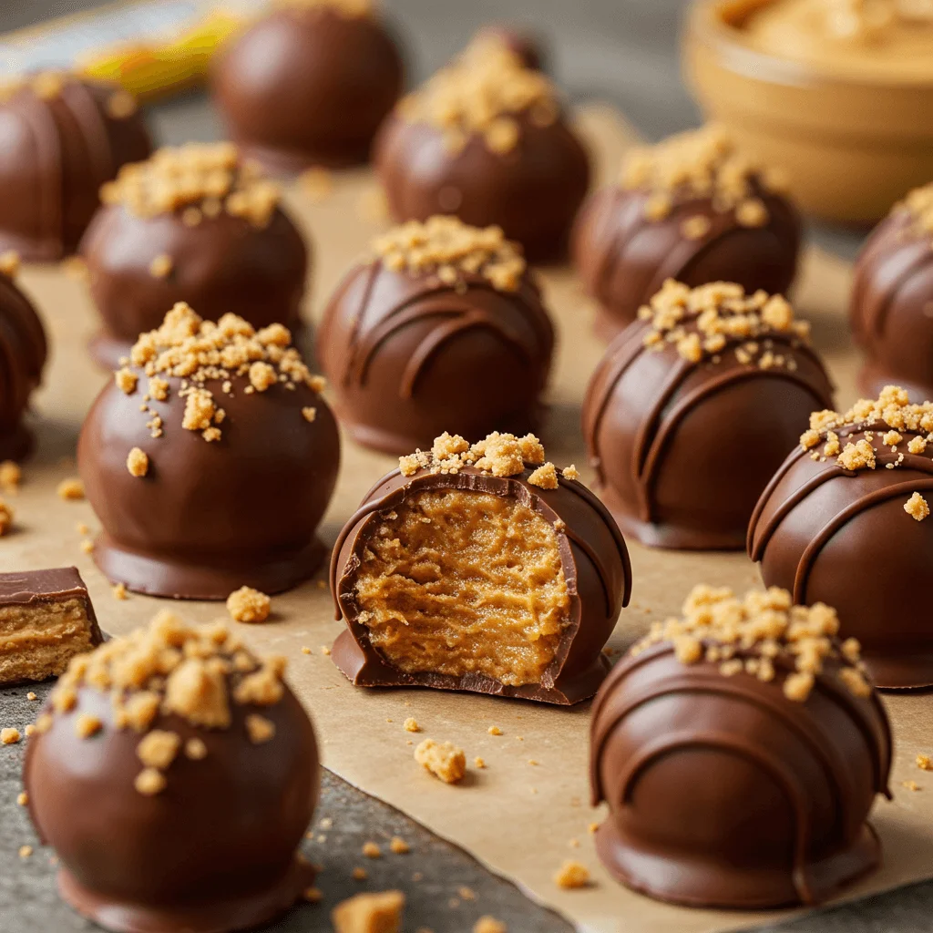 Bite-sized Old-Fashioned Butterfinger balls covered in glossy milk chocolate, ready to enjoy.